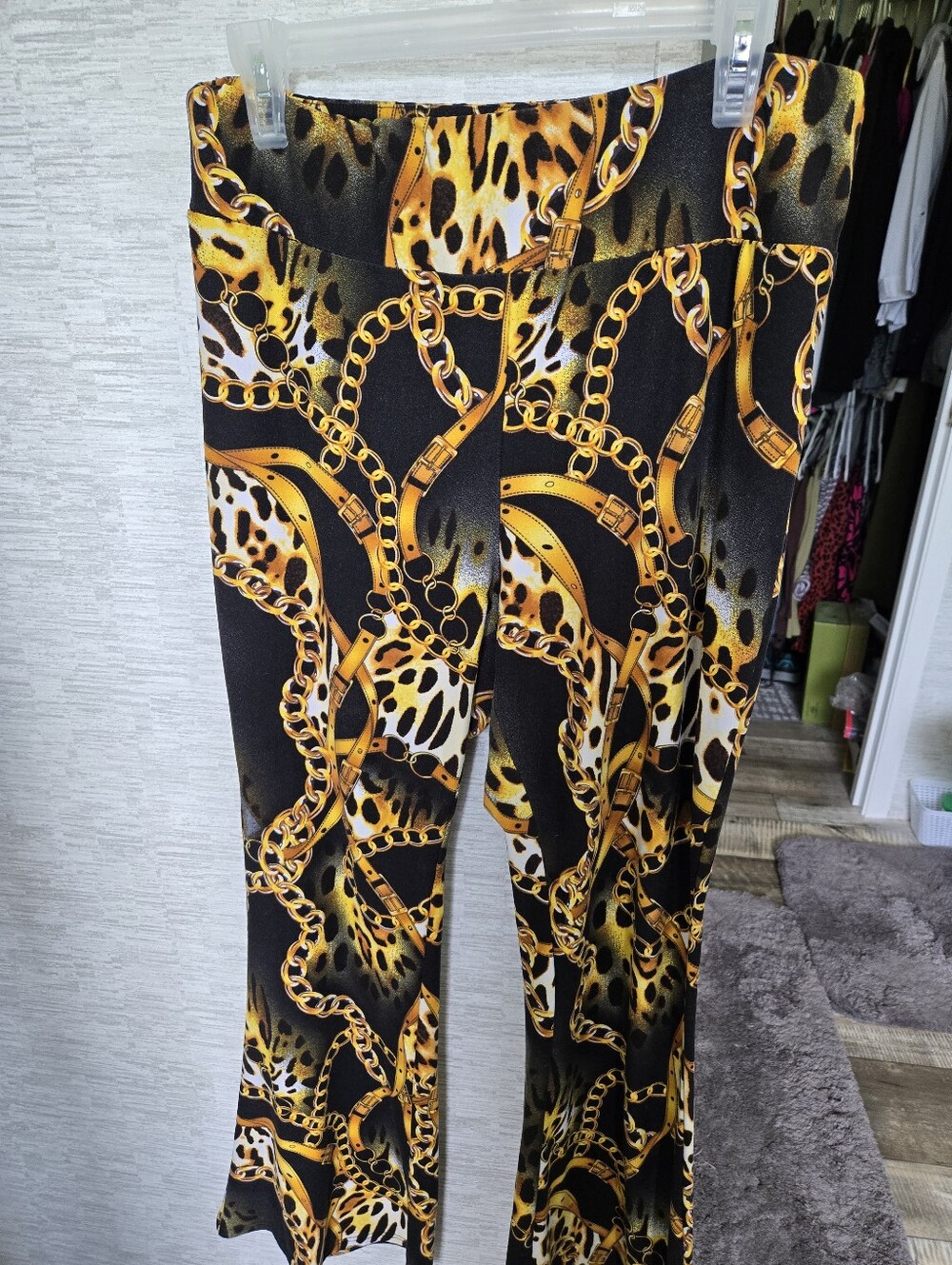 No Boundaries Black & Gold Chain Leopard Flare Pants